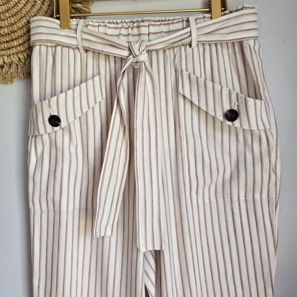 Ann Taylor New Ivory Stripe Belted Linen Drapey Cargo Ankle Pants Womens SZ 8 - Picture 5 of 13